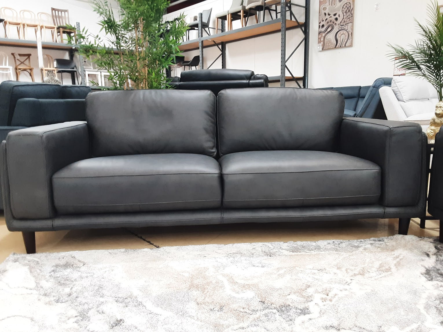 ZEPLIN 3 Seater Leather Lounge - Charcoal