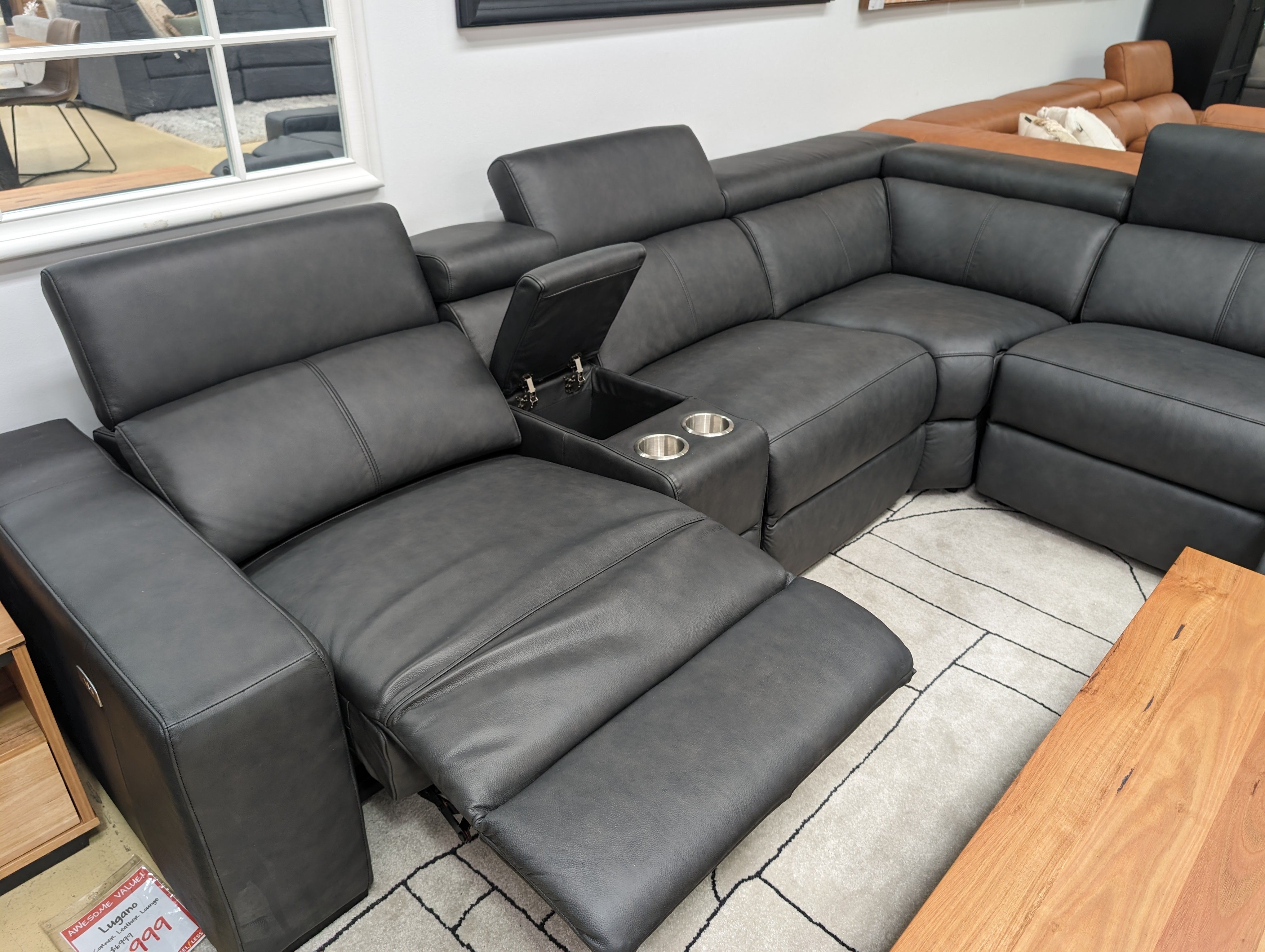 LUGANO Corner Leather Lounge - Charcoal