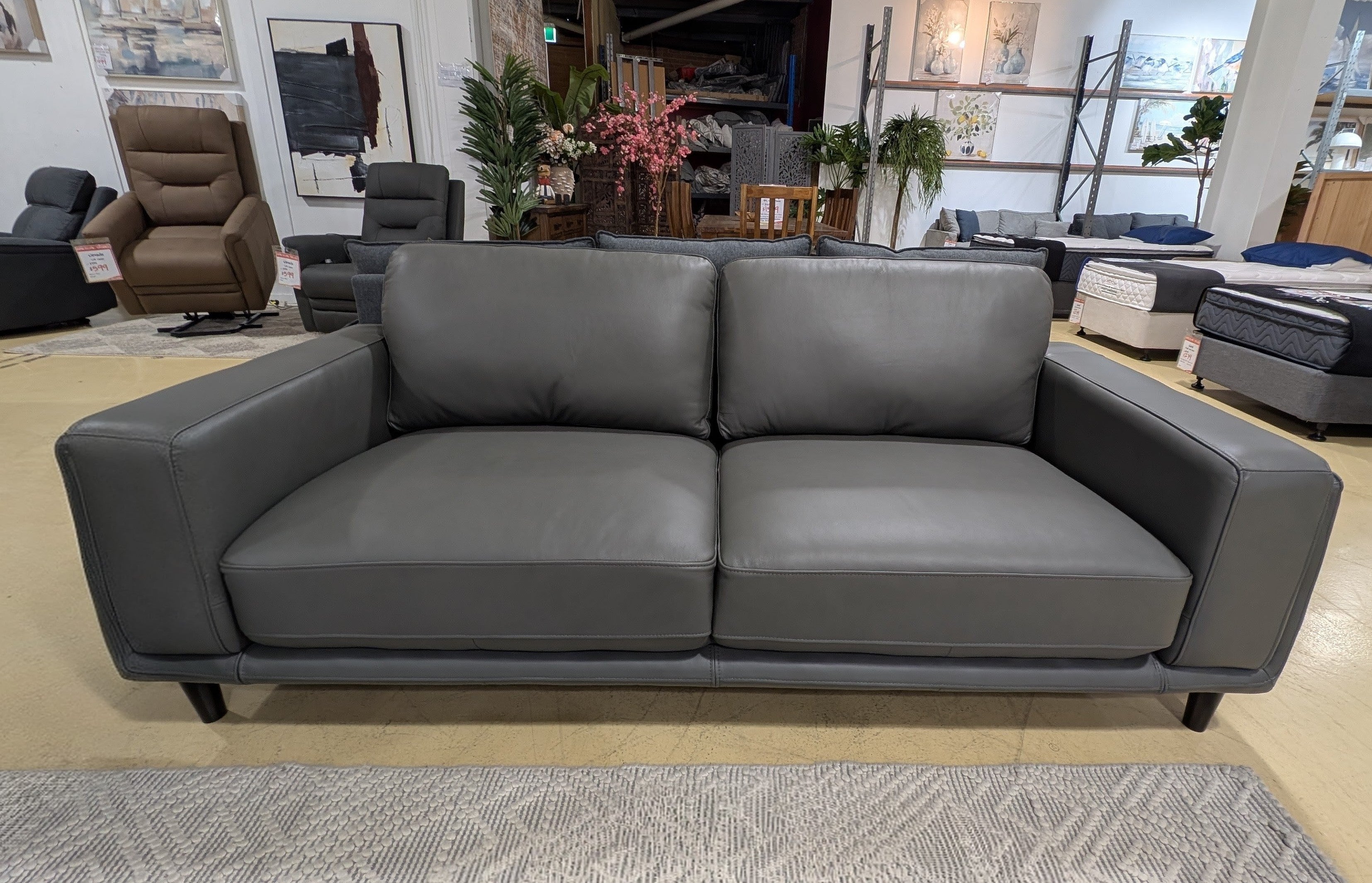 ZEPLIN 3 Seater Leather Lounge - Grey