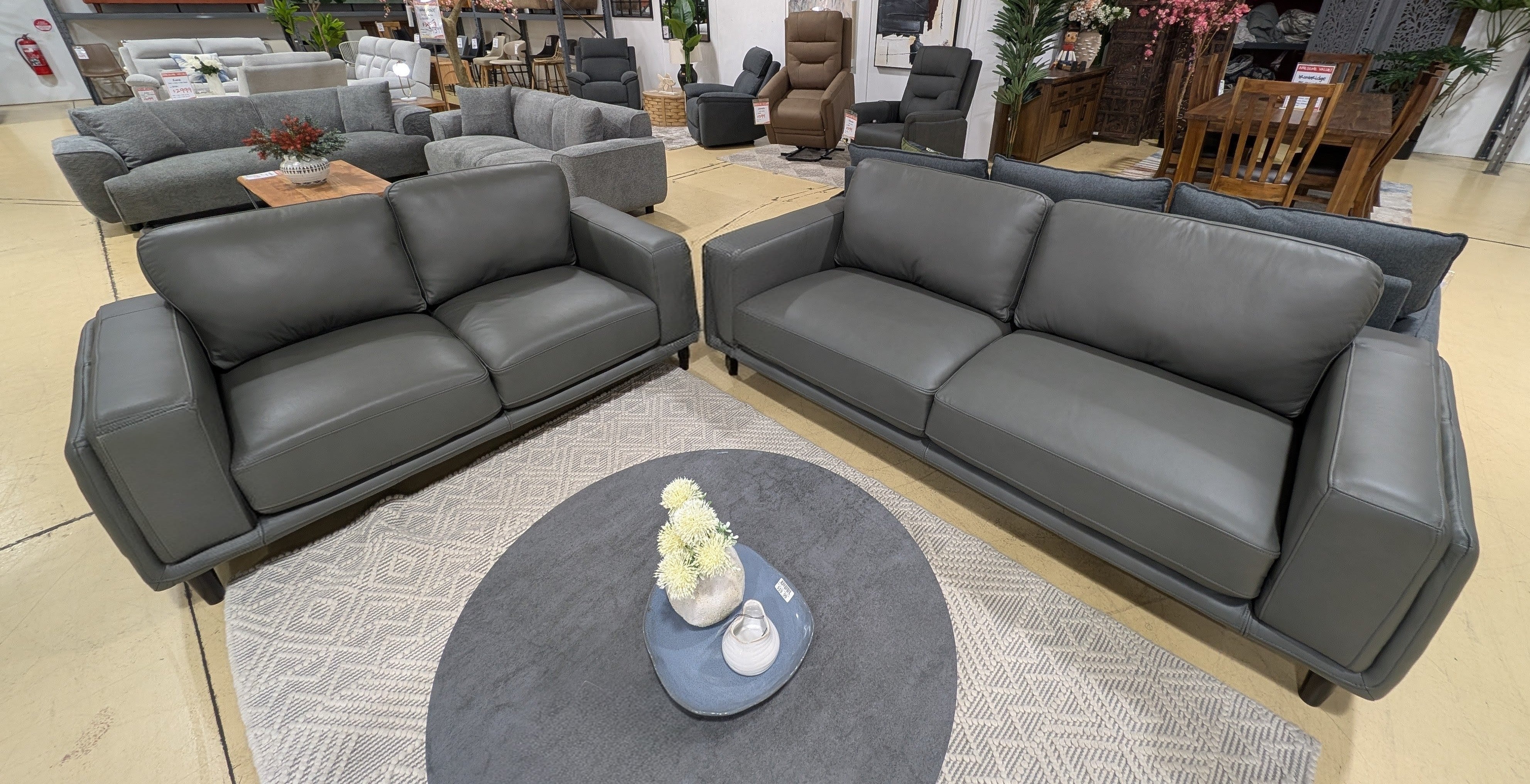 ZEPLIN 3 Seater Leather Lounge - Grey