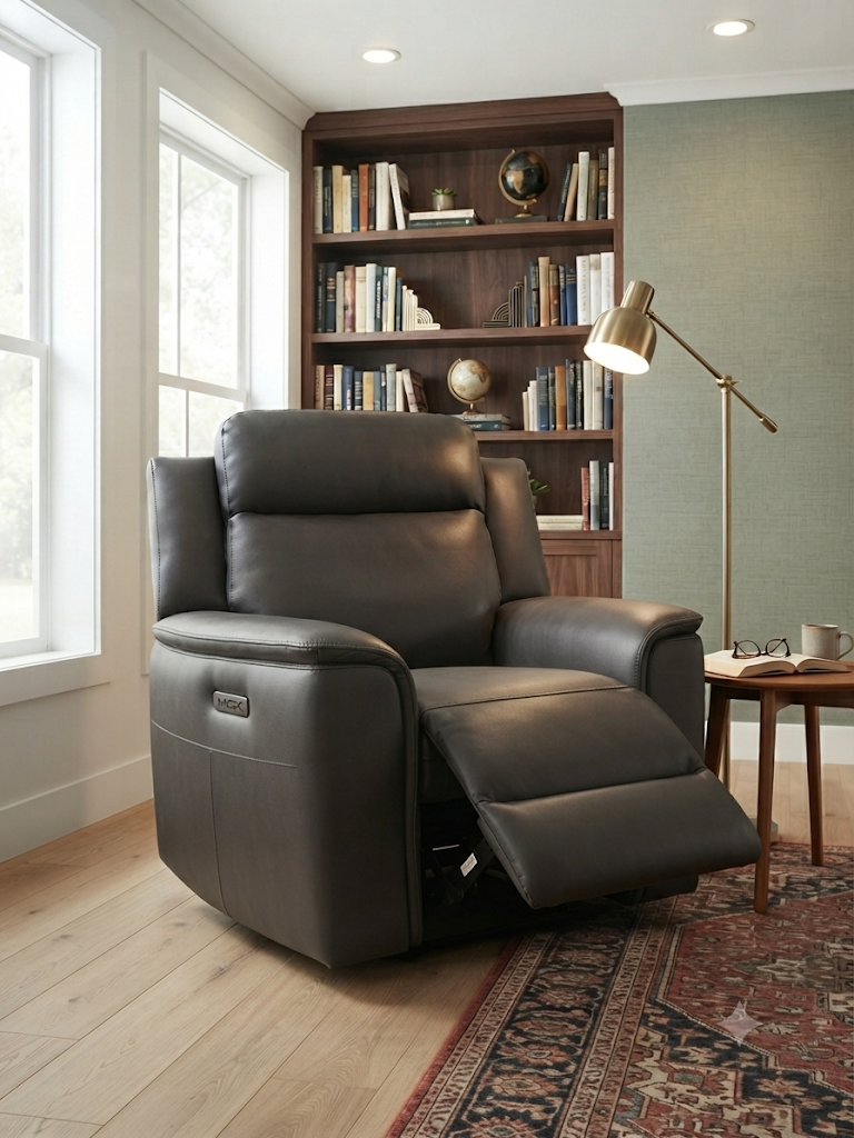ALASKA LEATHER SINGLE ELEC RECLIENER - GRAPHITE / NEWSTEAD