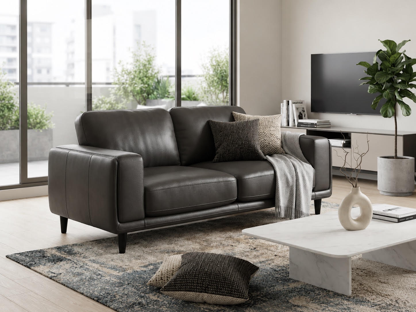ZEPLIN 2 Seater Leather Lounge - Grey