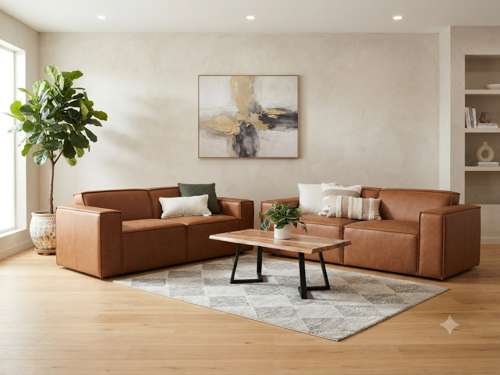 ZEPLIN 3 + 2 Seater Leather Lounge Suite - Chestnut
